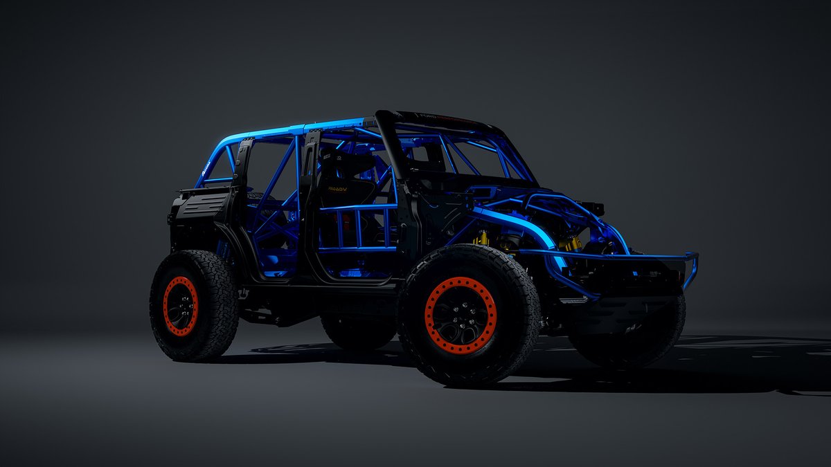 Multimatic's tweet photo. The Bronco’s SCORE compliant safety cage uses Multimatic-developed, form-blow-hardened ACCRA structural tubes which are integral to the off-road racer’s construction. #FordBronco #BuiltWild #StrengthThroughTechnology https://t.co/e18zxEV13Z https://t.co/Qdg4Y0MU8g