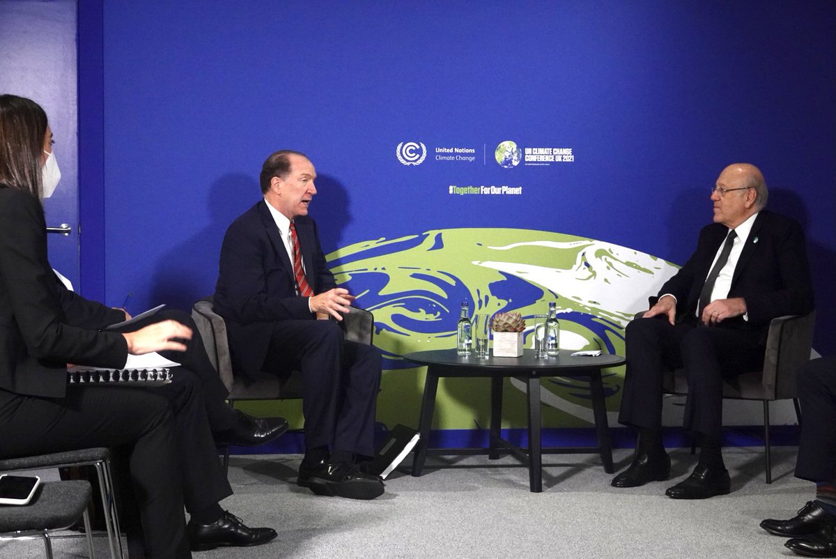 DavidRMalpass's tweet photo. Held good discussions with PM @Najib_Mikati of Lebanon today at @COP26.

I look forward to seeing positive momentum on energy sector issues &amp; the @WorldBank’s cash transfer program in the coming weeks. https://t.co/i7z1GEnNJf