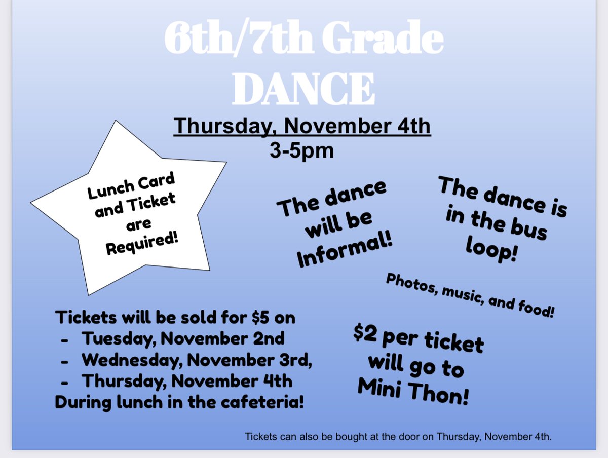 If you’re in 7th or 6th grade don’t forget to join us for the Dance on November 4th!