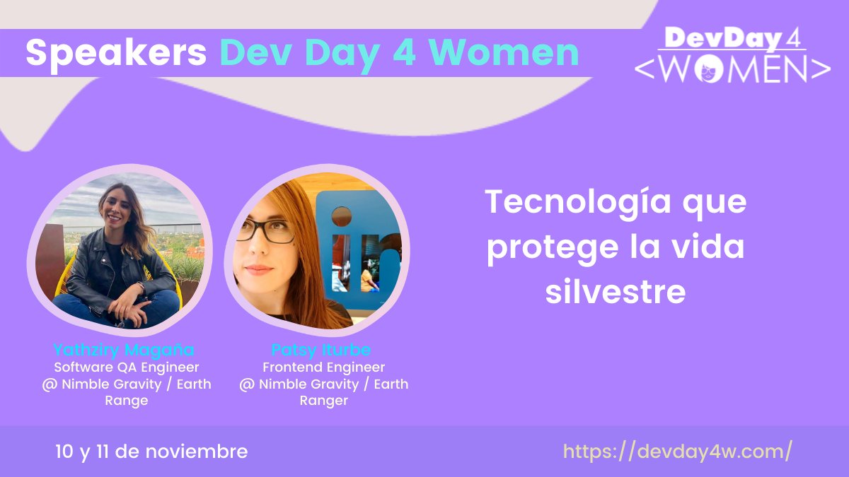Code4DEI's tweet photo. Yathziry Magaña y Patsy Iturbe del equipo de @nimblegravity , nos hablarán sobre cómo salvar la vida silvestre en áreas protegidas de África y el mundo, siendo desarrolladoras de software.
Regístrate a #DevDay4W y no te pierdas de esta charla y muchas más https://t.co/cTLaSvAY0D https://t.co/9lHo2lNpwM