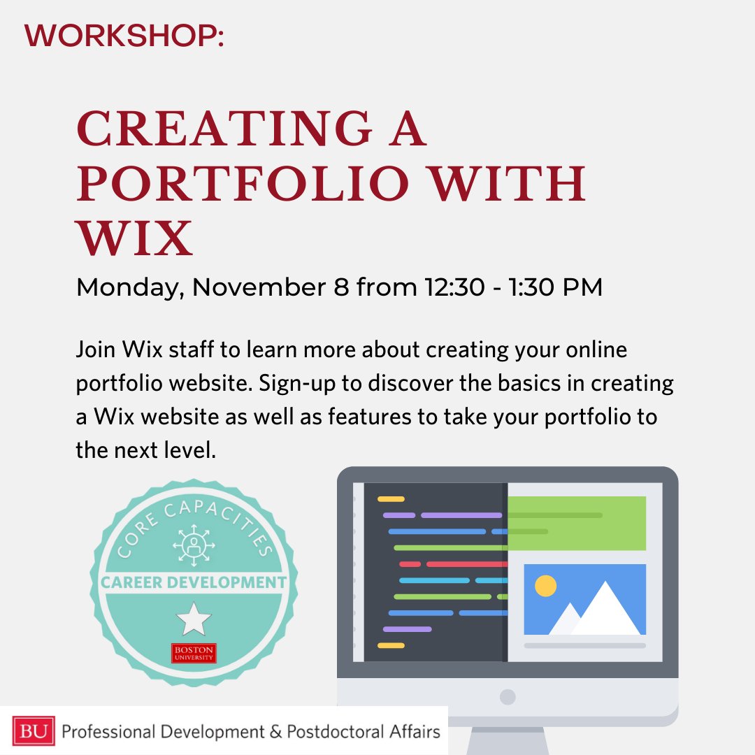 BU_PhDs's tweet photo. Want to develop your own website/portfolio? Join Wix staff to learn more about creating your online portfolio website and get a one-year FREE Wix premium plan! Register here: https://t.co/F82gNuaXwl #phdpd #phdadvice #wix #portfolio https://t.co/qeBV8Ur6g4
