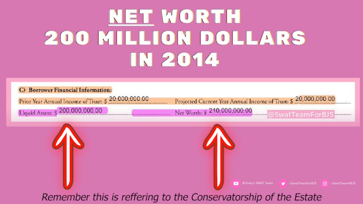 SwatTeamForBjs's tweet photo. In 2014, in the documents for the credit lines, Andrew Wallet claimed that the value of the LIQUID assets of the Conservatorship of the Estate was 200 million dollars, while the NET worth was 210 million dollars.

#FreeBritney #BritneySWATTeam #EndConservatorshipAbuse https://t.co/TIUTozR62f