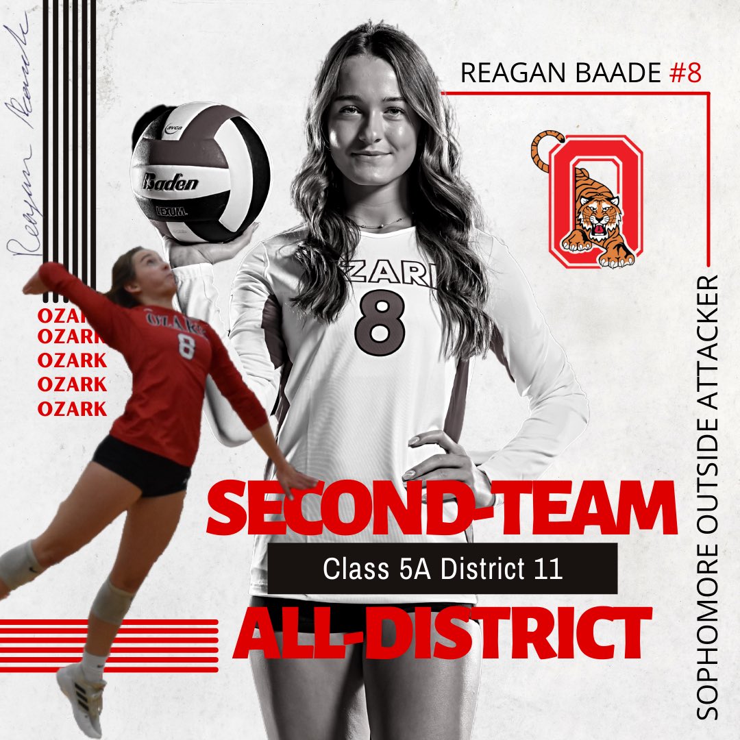 OzarkTigerVball's tweet photo. Congratulations to Sophomore Outside Attacker Reagan Baade for being named Second-Team All-District (Class 5A  District 11) https://t.co/XOeFRqaRjQ