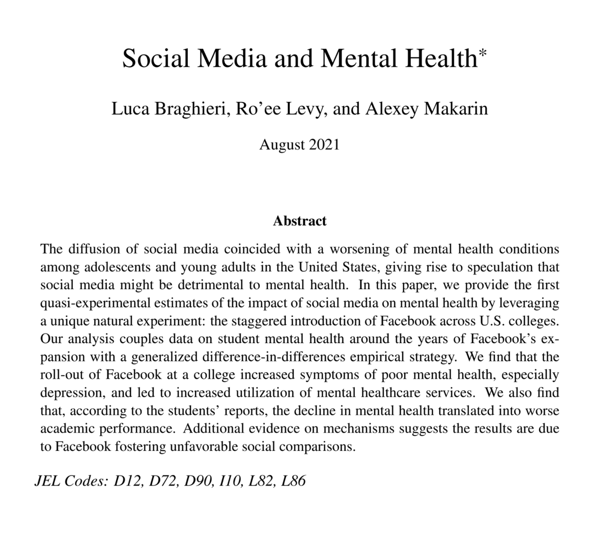 JohnHolbein1's tweet photo. This new paper provides evidence that Facebook increases depression and reduces academic performance of college students.

Source: "Social Media and Mental Health"

This paper uses the staggered introduction of Facebook at unis in the early-mid 2000s.

https://t.co/zrr3eQLcpm https://t.co/g2bM3oU6qI