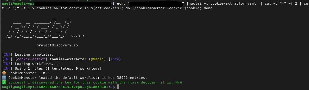 galnagli's tweet image. One liner to mass scan for CookieMonster issues

echo &quot;host&quot; | nuclei -t cookie-extractor.yaml  | cut -d &quot;=&quot; -f 2 | cut -d &quot;;&quot; -f 1 &amp;gt; cookies &amp;amp;&amp;amp; for cookie in $(cat cookies); do ./cookiemonster -cookie $cookie; done

#bugbountytips