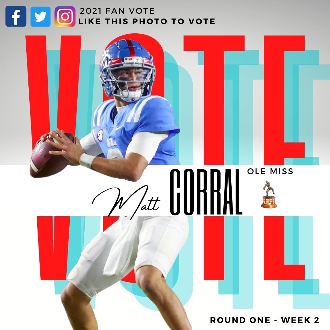 daveyobrien's tweet photo. 🚨Round One - Week 2 is now open 🚨 

Vote for @corral_matt of @OleMissFB to be a semifinalist for the Davey O’Brien Award by liking this post. The top five vote getters on Twitter, Instagram and Facebook will receive bonus committee votes each week. #DaveyQBs @OleMissSports https://t.co/pqCRogq88u