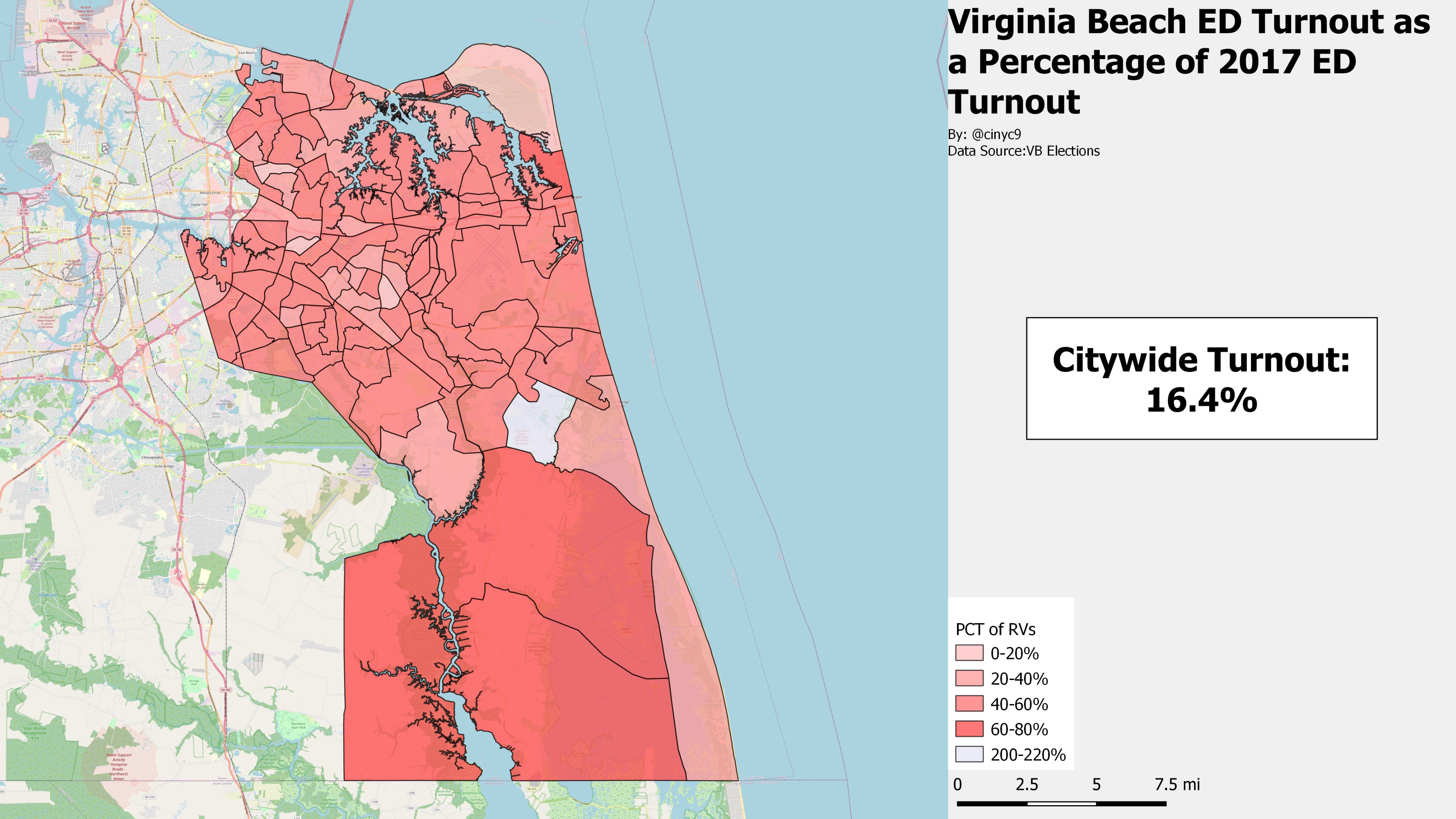 Virginia Beach Precinct Map Cinyc On Twitter: "Map Of Va Beach Election Day Precinct Turnout. According  To My Math, Citywide Election Day Turnout Is At 16.4%. Some Of The More  Rural Parts Of The City Have