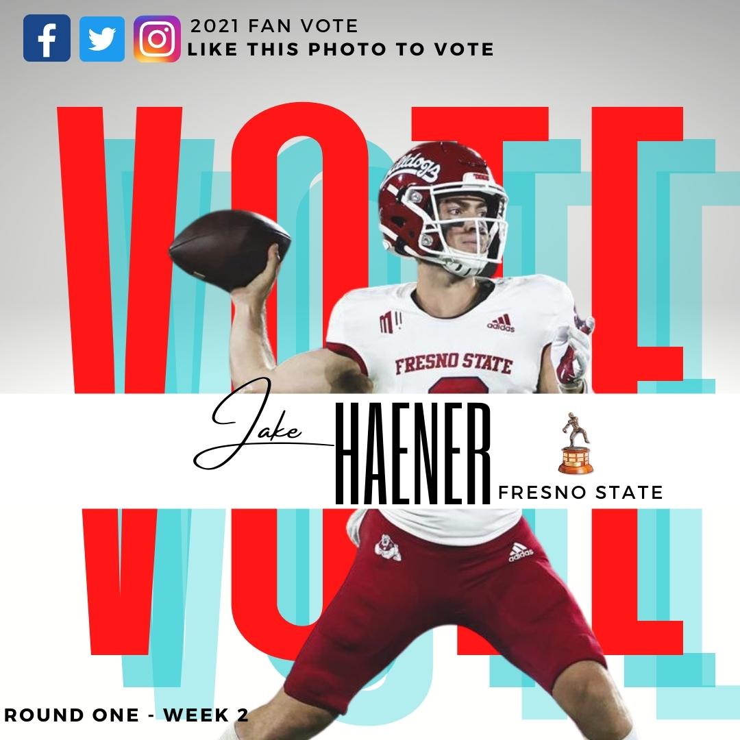 🚨Round One - Week 2 is now open 🚨 

Vote for <a href="/jakehaener10/">Jake</a> of <a href="/FresnoStateFB/">Fresno State Football</a> to be a semifinalist for the Davey O’Brien Award by liking this post. The top five vote getters on Twitter, Instagram and Facebook will receive bonus committee votes each week. #DaveyQBs <a href="/FSAthletics/">Fresno State Bulldogs</a>