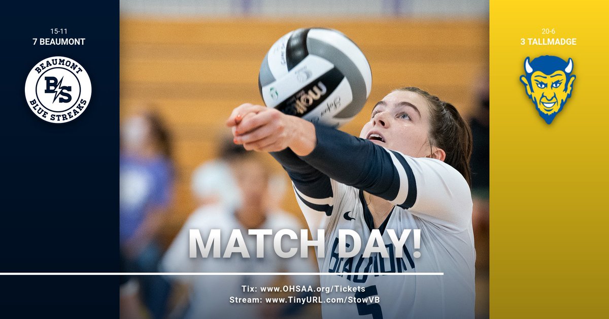 BlueStreaksAD's tweet photo. It's another MATCH DAY for @BeaumontVBall!

The Blue Streaks are headed to Stow-Munroe Falls High School to take on Tallmadge in the regional semifinal round.

That match starts at 6:00 p.m.

Tix: https://t.co/7I0QGpsz0R
Stream: 

https://t.co/nvs30Pm7Fx

Go Blue Streaks! https://t.co/B8DhjsNngY