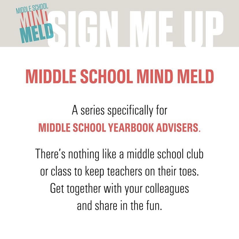VarsityYearbook's tweet photo. Advisers, now is your time!
TWO more chances to join a Middle School Mind Meld session starting tonight at 7 p.m. EST.
https://t.co/FCcHqb4u7I
#middleschoolers #teachers #designhelp #edesignhelp #designers #yearbookadviser #yearbookclass #yearbookteacher #middleschoolclub https://t.co/BDErIbTZnc