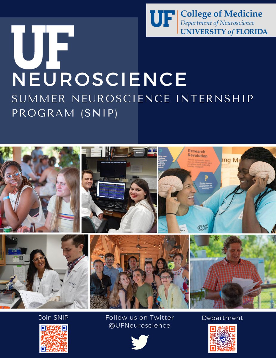 UFNeuroscience's tweet photo. Are you looking for a paid research based internship with the UF Department of Neuroscience? 

Applications to SNIP for the Summer 2022 program will open December 1st, 2021. Check out the website below to learn more about this great opportunity!
https://t.co/or850ttZyd https://t.co/yuB4wuC8p0
