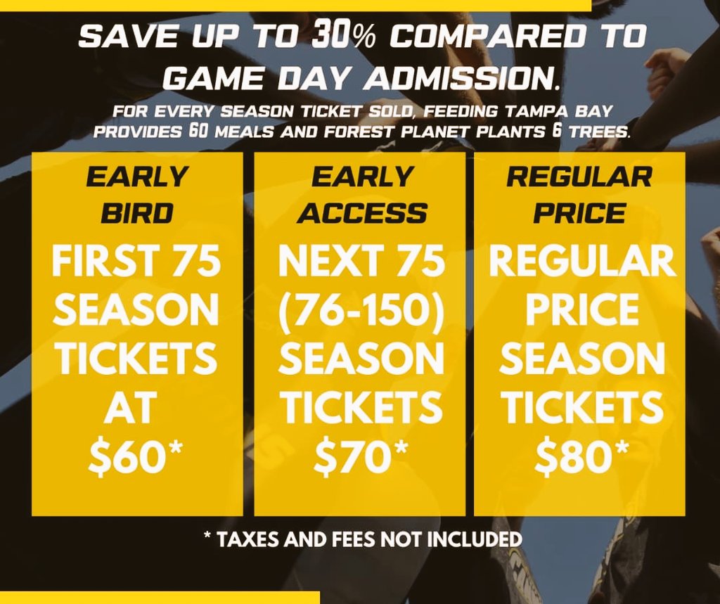 TampaBayCannons's tweet photo. 𝙎𝙀𝘼𝙎𝙊𝙉 𝙏𝙄𝘾𝙆𝙀𝙏𝙎 𝙊𝙉 𝙎𝘼𝙇𝙀 𝙉𝙊𝙒
• Six Home Games
• Preseason Yellow &amp; Black Scrimmage
• FanSaves App Deals...and more!

Every Ticket Purchased, Forest Planet Will Plant A Tree &amp; Feeding Tampa Bay Can Provide 10 Meals!

Catch A Game, #PlantATree, #StandWithFTB! https://t.co/HFdpMWP45S