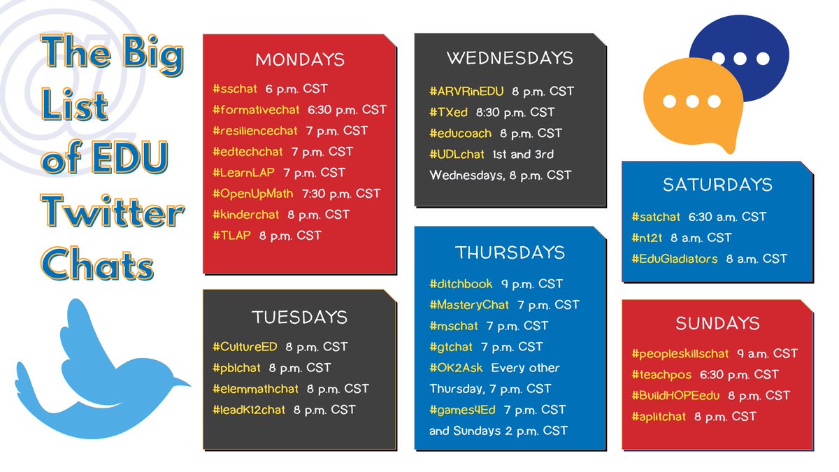 TCEA's tweet image. If you’re not on Twitter, it’s time to join the Twitterverse! Here’s a comprehensive list of Twitter chats, by educators, for educators. 

bit.ly/3bBxsIi @sarathinkson
#twitterchats #learning #edchat #edutwitter #edleaders #educoach