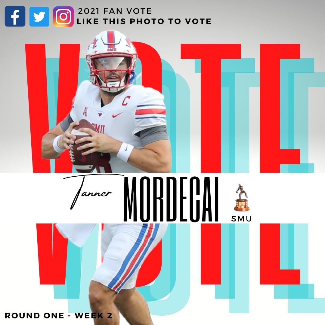 Davey O'Brien National Quarterback Award (@daveyobrien) on Twitter photo 🚨Round One - Week 2 is now open 🚨
Vote for <a href="/t_mordecai/">Tanner Mordecai</a> of <a href="/SMU_Football/">Bill "Boss Hogg" Armstrong</a> to be a semifinalist for the Davey O’Brien Award by liking this post. The top five vote getters on Twitter, Instagram and Facebook will receive bonus committee votes each week. #DaveyQBs <a href="/SMUMustangs/">SMU Athletics</a> 🚨Round One - Week 2 is now open 🚨
Vote for <a href="/t_mordecai/">Tanner Mordecai</a> of <a href="/SMU_Football/">Bill "Boss Hogg" Armstrong</a> to be a semifinalist for the Davey O’Brien Award by liking this post. The top five vote getters on Twitter, Instagram and Facebook will receive bonus committee votes each week. #DaveyQBs <a href="/SMUMustangs/">SMU Athletics</a>