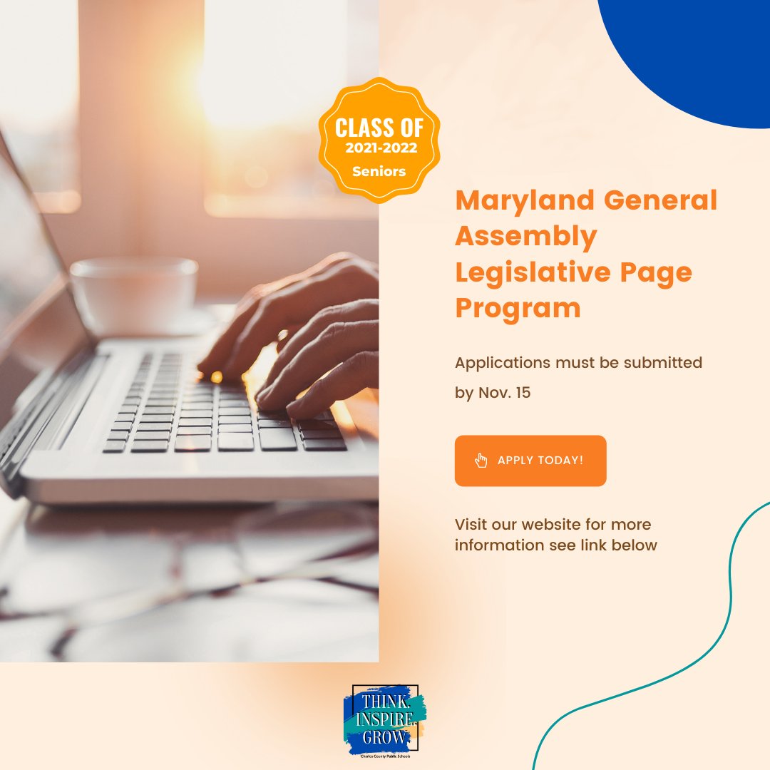 Seniors, submit your applications for the 2022 Maryland General Assembly Legislative Page Program. Applications are due by Nov. 15 at 3 p.m. 

Find more details here: tinyurl.com/427h3hb5