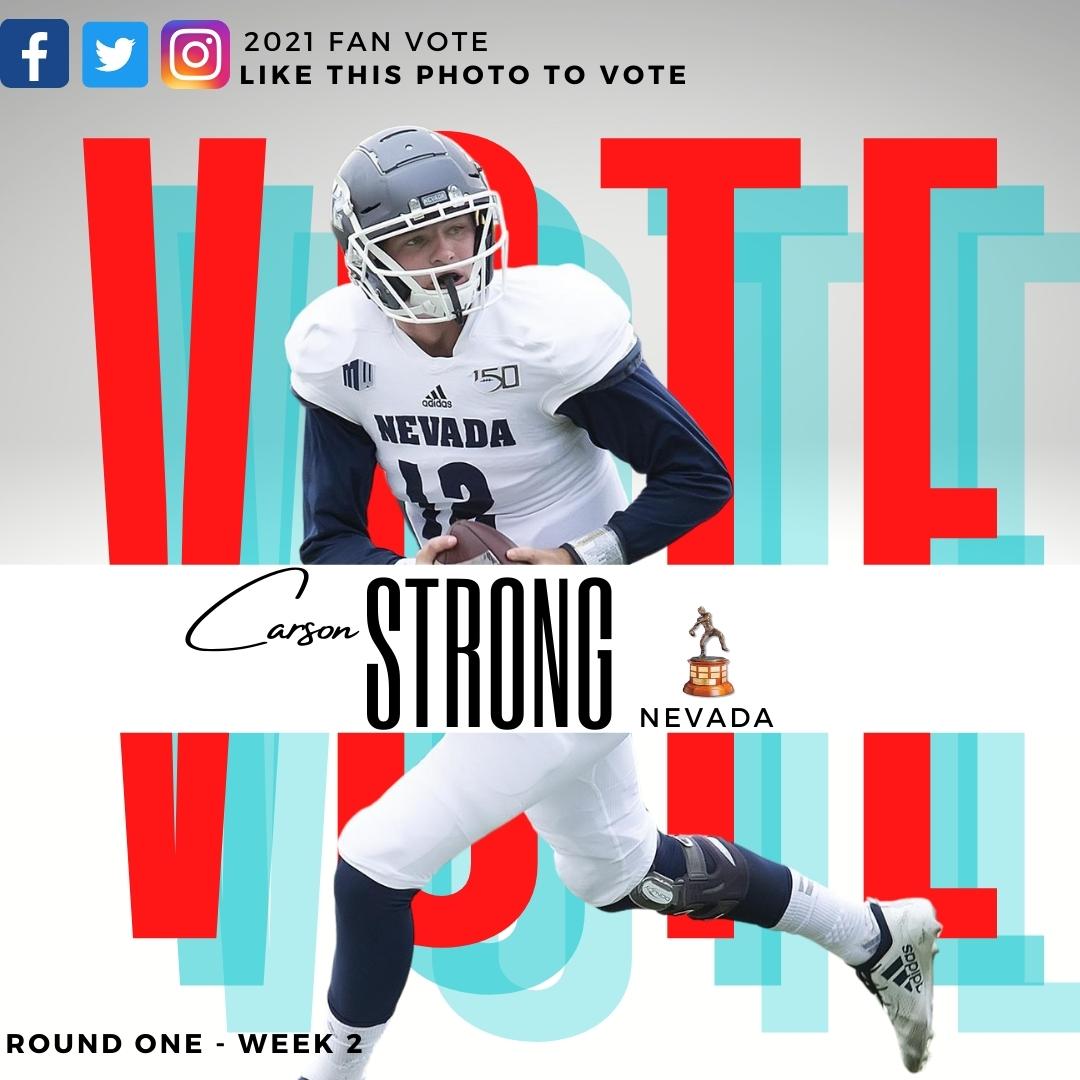 🚨Round One - Week 2 is now open 🚨 

Vote for <a href="/CarsonStrong_/">Carson Strong</a> of <a href="/NevadaFootball/">Nevada Football</a> to be a Davey O’Brien Award semifinalist by liking this post. The top five vote getters on Twitter, Instagram and Facebook will receive bonus committee votes each week. #DaveyQBs <a href="/NevadaWolfPack/">Nevada Wolf Pack 🐺</a>