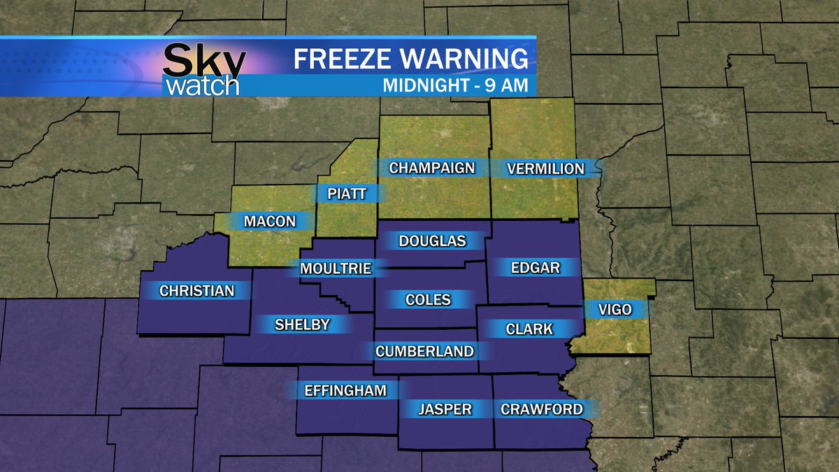 StephenElmorewx's tweet photo. A Freeze Warning has been issued for most of the #WEIU viewing area starting at midnight tonight until 9 A.M. tomorrow morning. Temperatures will drop below freezing across most of Central Illinois. #EIUwx https://t.co/nSMhN6QfC6