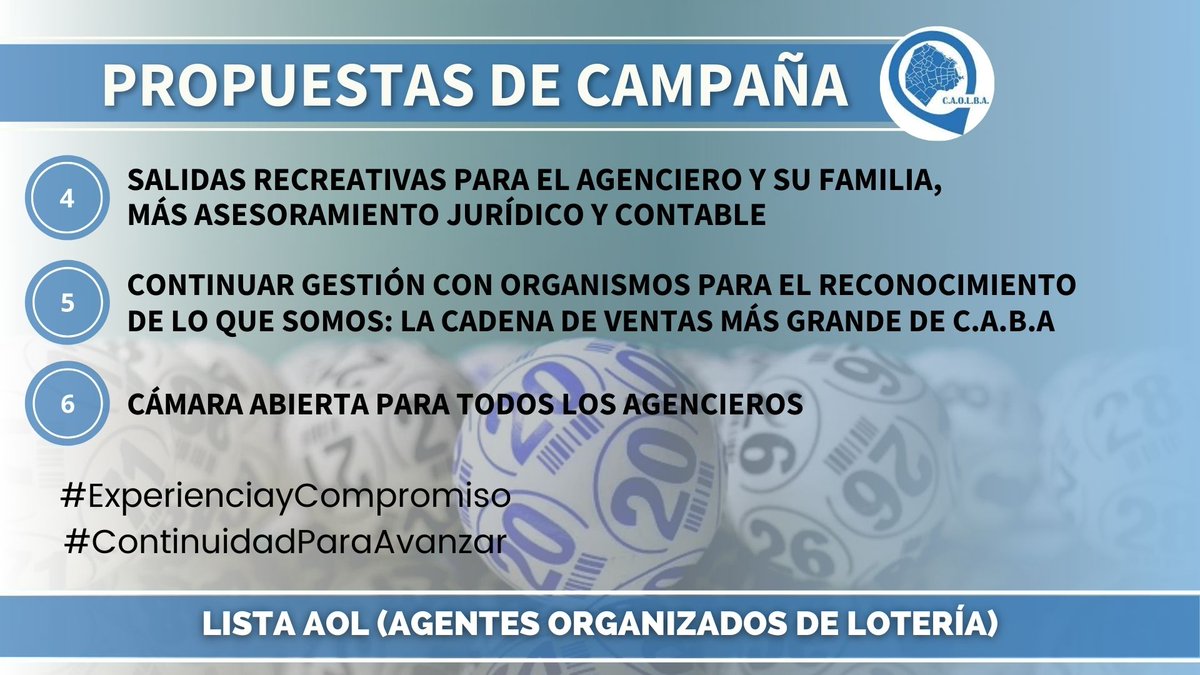 CAOLBAprensa's tweet photo. #ELECCIONES2021
.
👉🏻El próximo 11 de noviembre son las #elecciones en #CAOLBA.
👉🏻Te contamos nuestras PROPUESTAS DE CAMPAÑA.
LISTA OFICIAL: #LISTAAOL
➡️Cámara de Agencias Oficiales de Lotería de la Ciudad de Buenos Aires.
#ExperienciayCompromiso #ContinuidadParaAvanzar https://t.co/v3iMMfTnUr