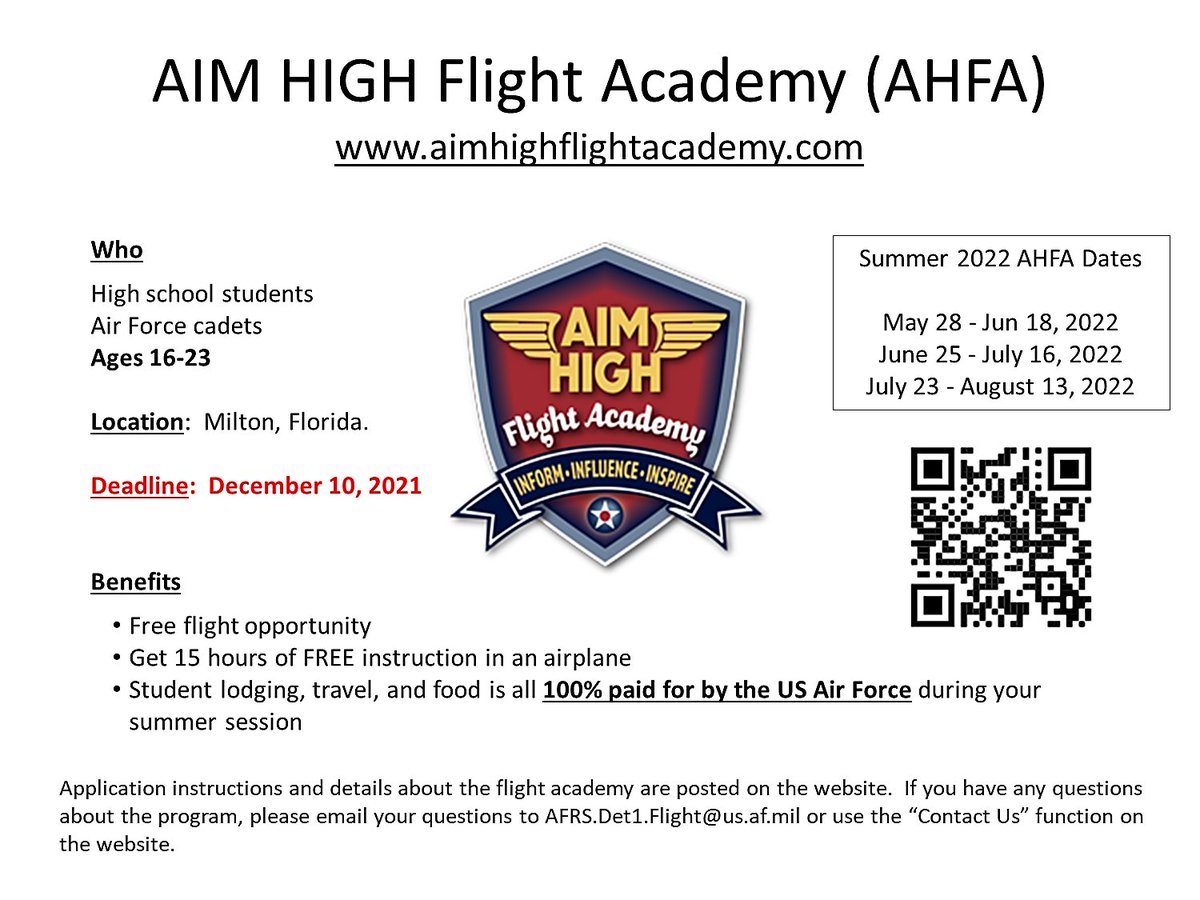 AIM HIGH Flight Academy (Summer 2022)
aimhighflightacademy.com
Deadline:  Dec 10

Benefits:
 - Free flight opportunity 
 - Get 15 hours of FREE instruction in an airplane 
 - Student lodging, travel, and food is all 100% paid for by the US Air Force during your summer session