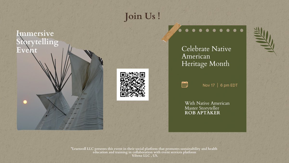 LearnrollCenter's tweet image. Join us for a storytelling event to Celebrate Native American Heritage Month on Nov 17, 6 PM EDT in collaboration with @vibrnz
#immersivestorytelling #sustainabledevelopmentgoals  #immersive3D #immersivelearning #hubslearnroll #learnroll  #vibrnz