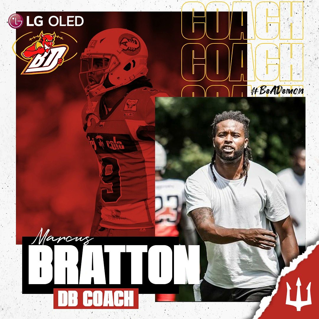 BlackDemonsFA's tweet photo. ANUNCIO OFICIAL! ✍️
Seguimos anunciando miembros que formarán parte del staff del Primer Equipo la próxima temporada y tenemos el placer de anunciar a nuestro nuevo coach de Defensive Backs y Defensive Assitant, el americano Marcus Bratton. 🔥
#BeADemon https://t.co/4kYCzAMQH8