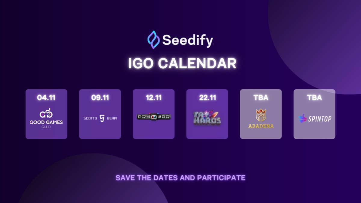 Seedify (@seedifyfund) on Twitter photo Let's take a look at our updated #IGO calendar. 🧐
👉Great projects are coming up, don't miss the chance to participate!
◼️Nov. 04 - <a href="/goodgamesguild/">Good Games Guild</a>
◼️Nov. 09 - <a href="/ScottyBeamIO/">SCOTTY BEAM</a>
◼️Nov. 12 - <a href="/CryowarDevs/">Cryowar</a>
◼️Nov. 22 - @Tryhardsio
◼️TBA - @AradenaWarrior
◼️TBA - <a href="/SpintopNetwork/">Spintop</a> Let's take a look at our updated #IGO calendar. 🧐
👉Great projects are coming up, don't miss the chance to participate!
◼️Nov. 04 - <a href="/goodgamesguild/">Good Games Guild</a>
◼️Nov. 09 - <a href="/ScottyBeamIO/">SCOTTY BEAM</a>
◼️Nov. 12 - <a href="/CryowarDevs/">Cryowar</a>
◼️Nov. 22 - @Tryhardsio
◼️TBA - @AradenaWarrior
◼️TBA - <a href="/SpintopNetwork/">Spintop</a>