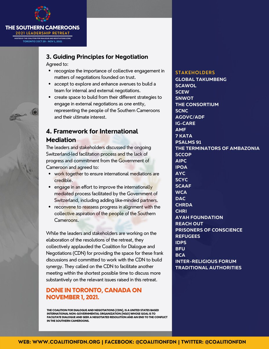 CoalitionFDN's tweet photo. Thank you to all our delegates for your substantive contributions to the 2021 Southern Cameroons Leadership retreat. Below is the THE TORONTO STATEMENT. We look forward to an era of enhanced collaboration amongst all Southern Cameroonian groups to promote the people's interests. https://t.co/tL9pd5Y2dj