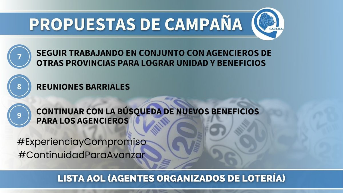 CAOLBAprensa's tweet photo. #ELECCIONES2021
👉🏻El próximo 11 de noviembre son las #elecciones en #CAOLBA.
👉🏻Te contamos nuestras PROPUESTAS DE CAMPAÑA.
LISTA OFICIAL: #LISTAAOL
➡️Cámara de Agencias Oficiales de Lotería de la Ciudad de Buenos Aires.
#ExperienciayCompromiso #ContinuidadParaAvanzar https://t.co/nqSsLbekbb