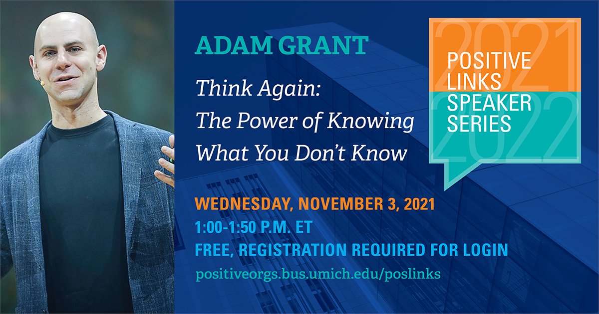 PositiveOrg's tweet photo. 👋 There is still time to join us tomorrow for a live, fireside chat between @nytimes Bestselling Author (and @UMich alum) @AdamMGrant and CPO Faculty Co-Director Julia Lee (@jlc5312). Get your Zoom link here: https://t.co/KsiNZTjrrl https://t.co/42Uf36fHYm