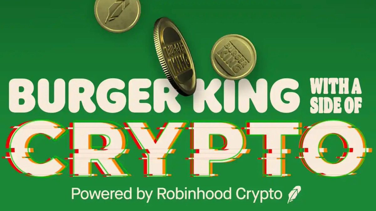 etceteranews's tweet photo. #BurgerKing se asoció con RobinHood para regalar #Bitcoin, #Ether y #Dogecoin a todos los que gasten más de 5 dólares en su App y sean miembros del club Royal Perks en Estados Unidos. 

https://t.co/gn2zhilnpt https://t.co/q74qvyBFwJ