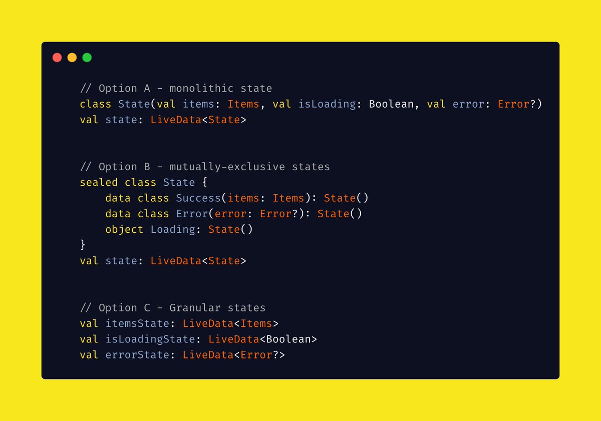 CatalinGhita4's tweet image. I&apos;m really curios how you prefer to define your UI state model for your screens #AndroidDev - option A, B or C?
If it&apos;s something better, drop it in the comments 🤔

LiveData was used as an example for the reactive source, it could be anything else you fancy: StateFlow, State etc