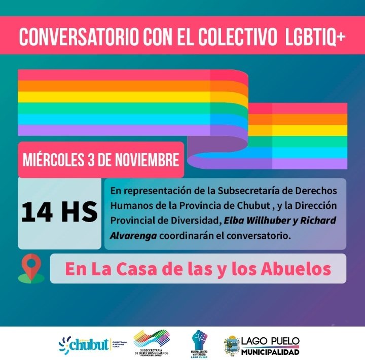 #Agendalo |👉🏼Desde las áreas de Mujeres, Géneros y Diversidad invitan a este encuentro en #LagoPuelo 
📌Miércoles 3/11 a las 14 Hs nos encontramos con el colectivo LGBTQ+ para hablar sobre las realidades del colectivo.
Te esperamos!
#Chubut #DDHH <a href="/gobiernochubut/">Gobierno del Chubut</a> <a href="/MuniPuelo/">Municipalidad de Lago Puelo</a> 👇🏼