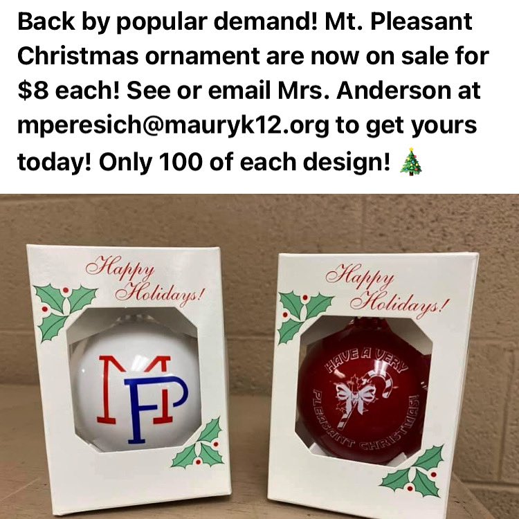 Get your very own Mt. Pleasant ornament today before they are all gone! <a href="/MPMSVPA/">Mt.PleasantMiddleVPA</a> <a href="/harkmc/">Melissa Harkreader</a> <a href="/dldugger/">Donald Dugger</a> <a href="/MikeMit42546882/">TSU-Art Education Coordinator</a> <a href="/mountpleasanttn/">Donna Morency</a>
