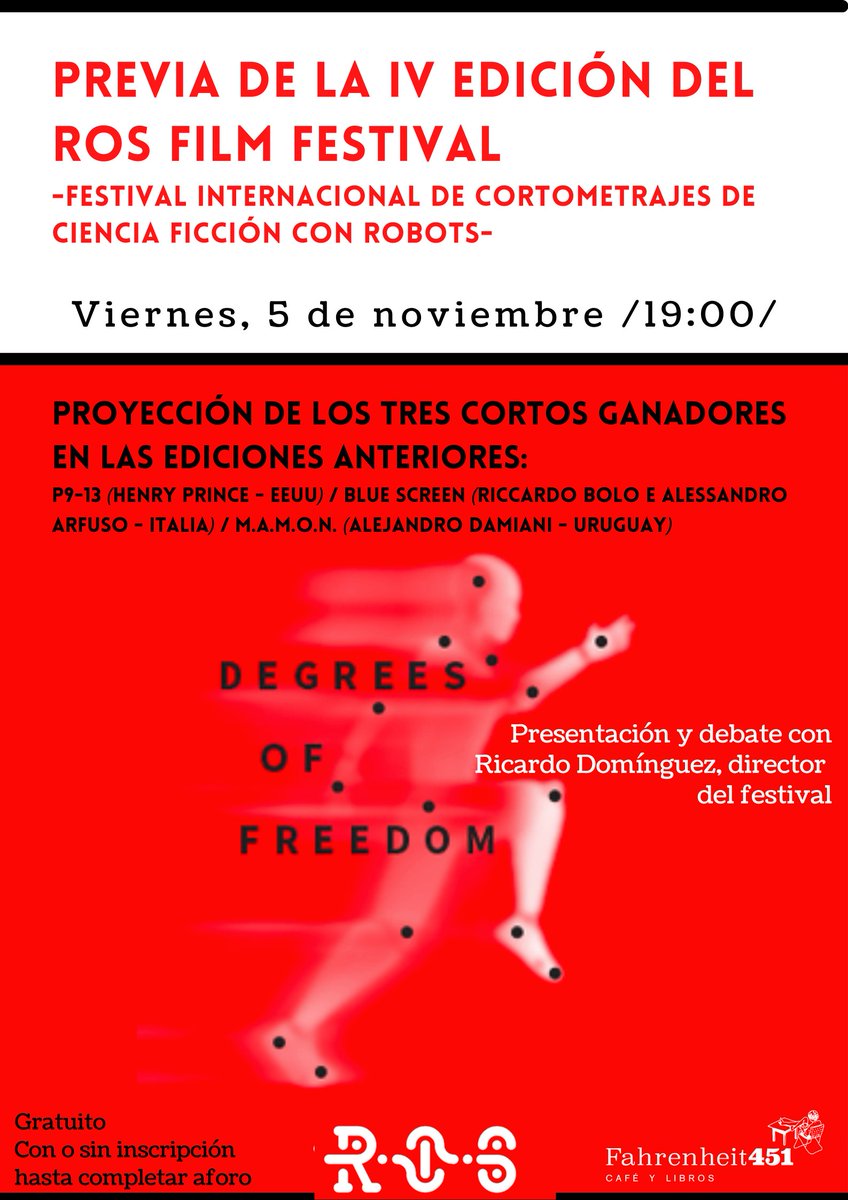 rosfilmfestival's tweet photo. Next Friday at 7:00 p.m. we will screen winning shorts from ROS past editions , at Fahrenheit 451 Cafe y Libros (Alicante)
https://t.co/8AfsNDhbWg
https://t.co/hUt2UScNyC
#rosfilmfestival #DegreesofFreedom #ROS2021
@QuoRevista @FECYT_Ciencia
@l_caleidoscopio @LasCigarrerasCC https://t.co/SA12Hi9XGF