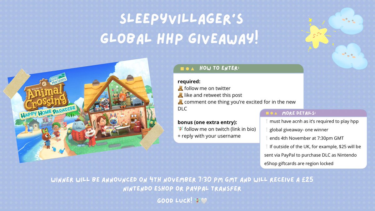 sleepyvillager_'s tweet photo. 🧚🏻‍♀️ GLOBAL HAPPY HOME PARADISE GIVEAWAY 🧚🏻‍♀️

required to enter:
🧸 following me
🧸 like &amp; rt this post
🧸 comment one thing you’re excited for in the new DLC 
 
bonus:
🧚🏻‍♀️ follow me on twitch (https://t.co/BBjPIYBHU0)
+ reply with your username

#ACNHgiveaways #ACNH #AnimalCrossing https://t.co/RO7b4lI0b3
