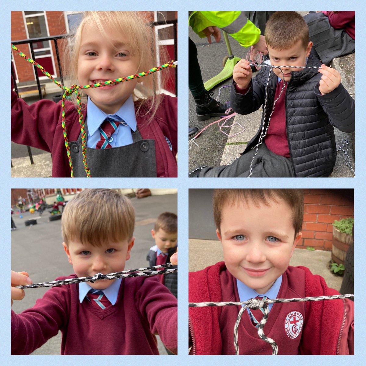 StCharlesGla's tweet photo. Primary 1 were working on #AttachingAndCutting skills from our #OutdoorLearningFramework this afternoon with Mrs Hogg. They were learning to tie #ReefKnots. The children will develop these skills to help them build dens and shelters. #OutdoorLearning #DenBuilding https://t.co/bywX2Ihrwy