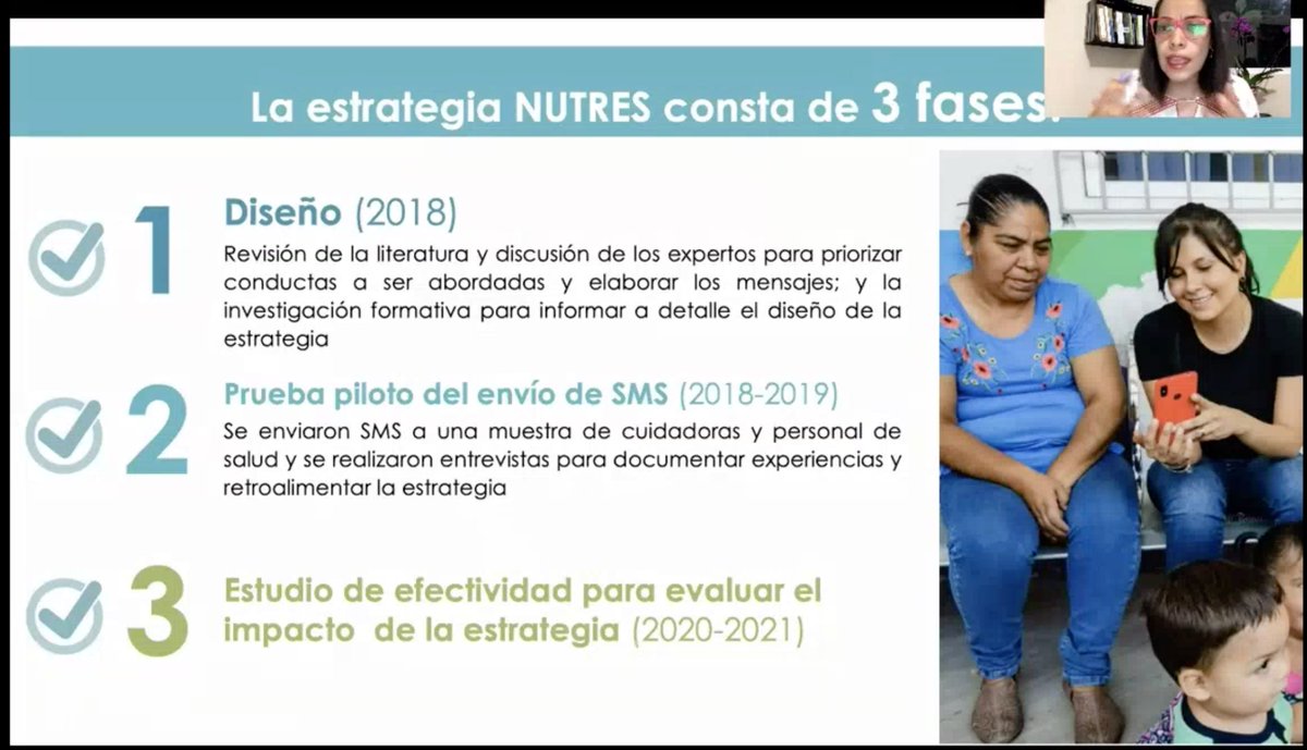 clau_nietorozco's tweet photo. La doctorante @chio0204 Alvarado presenta en el #SLAN2021 la estrategia de NUTRES que se compone de mensajes de texto a madres para disminuir la triple carga de la mala nutrición (obesidad, deficiencia de micronutrimentos y retraso en el crecimiento). Excelente ponencia https://t.co/sM1O5IurY1
