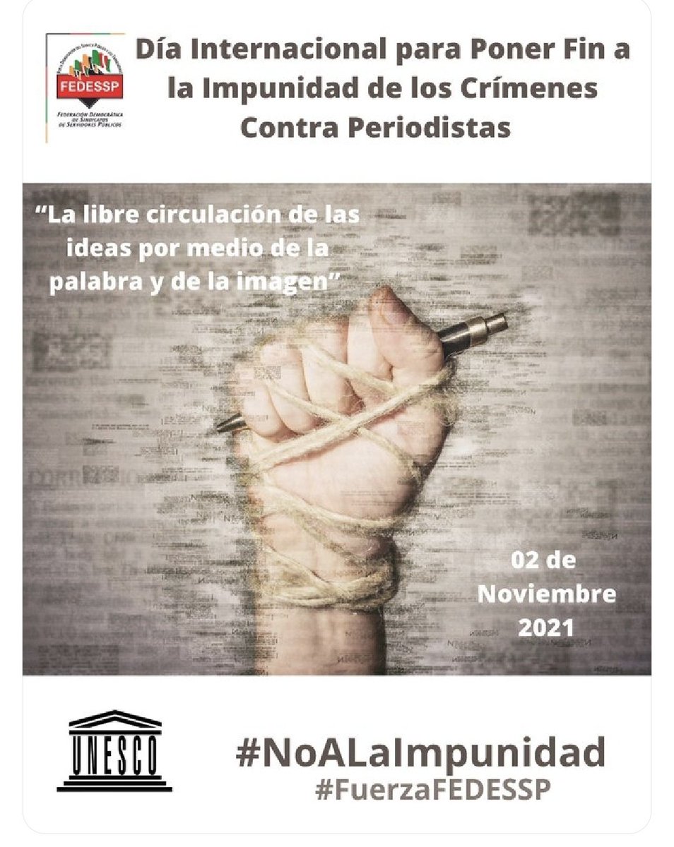 PatrocinioDL's tweet photo. Los pueblos libres y democráticos dependen de que los periodistas hagan su trabajo. Toda
amenaza contra los periodistas amenaza la libertad. #02DeNov Día Internacional para Poner #FinALaImpunidad de los Crímenes Contra Periodistas. @agusaviles1 @palomitarelowde @valenzo14 Cdmx https://t.co/pFvbzwXk4n