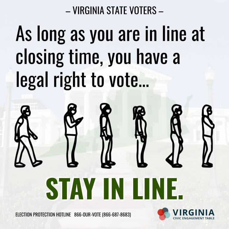 Virginia, your vote matters. If you have questions or need to report any issues at the polls, call 866-OUR-VOTE. go2vote.org/va

#ElectionProtection #BeAVoter #EngageVA #VAvotes