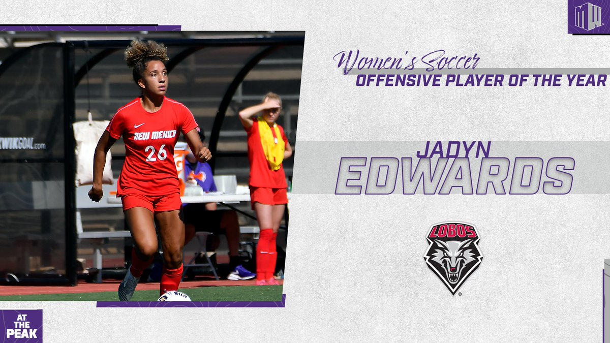 MountainWest's tweet photo. #𝗠𝗪𝗪𝗦𝗢𝗖 𝗢𝗳𝗳𝗲𝗻𝘀𝗶𝘃𝗲 𝗣𝗹𝗮𝘆𝗲𝗿 𝗼𝗳 𝘁𝗵𝗲 𝗬𝗲𝗮𝗿⁠
⁠
@UNMLoboWSoccer's Jadyn Edwards led the MW with 15 points and 44 shots on goal in Conference play! She was tied for second with 5 goals and 5 assists.⁠
⁠
#AtThePeak | #GoLobos | #MakingHerMark https://t.co/feusA5f2xC
