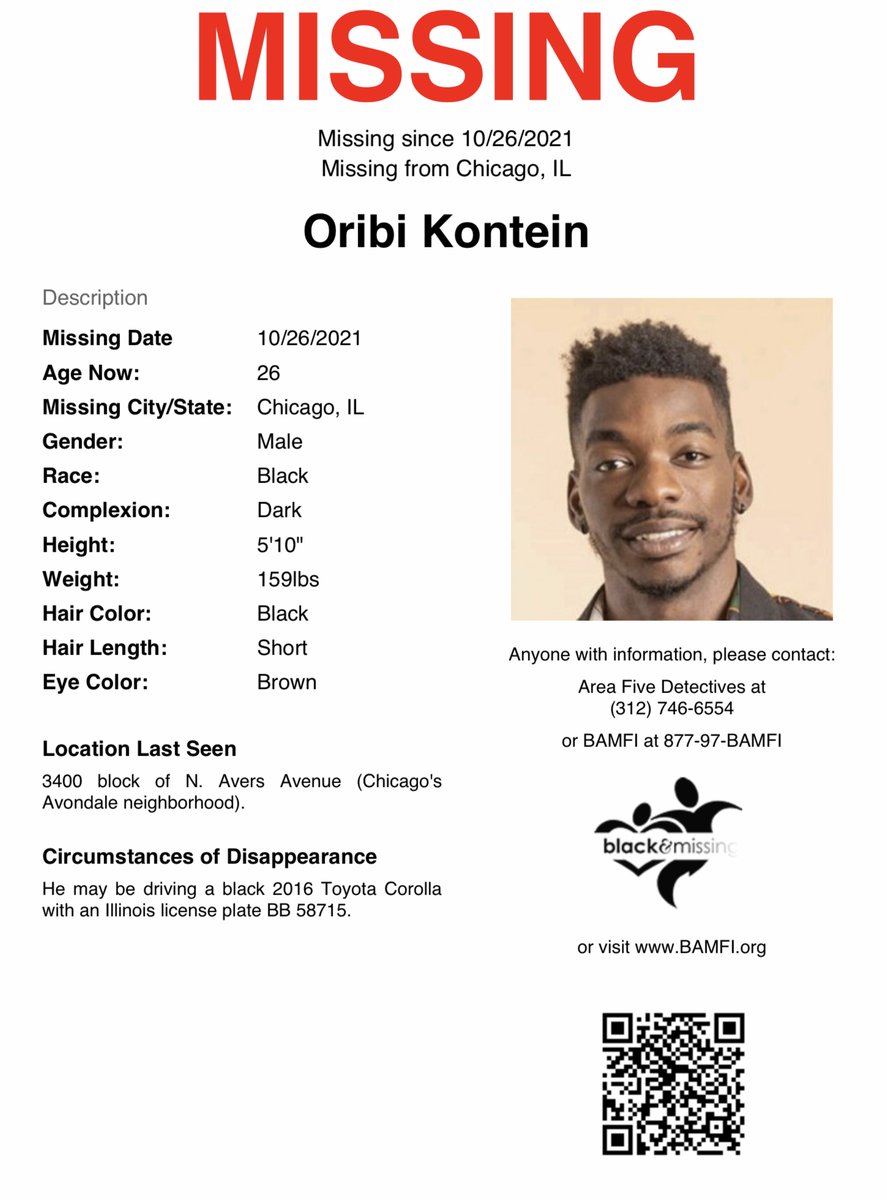 BAM_FI's tweet photo. #Chicago, IL: 26y/o Oribi Kontein was last seen Oct. 26 in the 3400 block of North Avers Avenue, near Roscoe Street.

#HelpUsFindOribi #OribiKontein https://t.co/0Ca41dH988