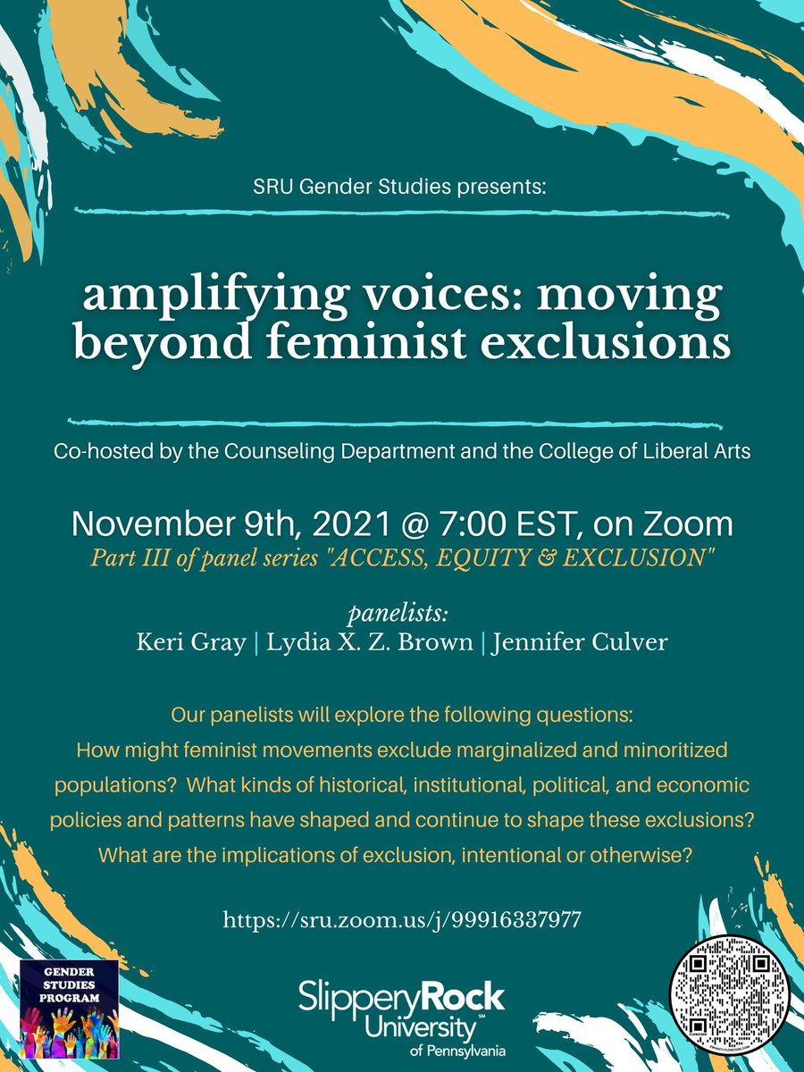 We are excited for our third program of the fall 2021 semester “amplifying voices: moving beyond feminists exclusions”, part III of panel series “ACCESS, EQUITY &amp; EXCLUSION”. Please join us at 7PM on November 9th ✨