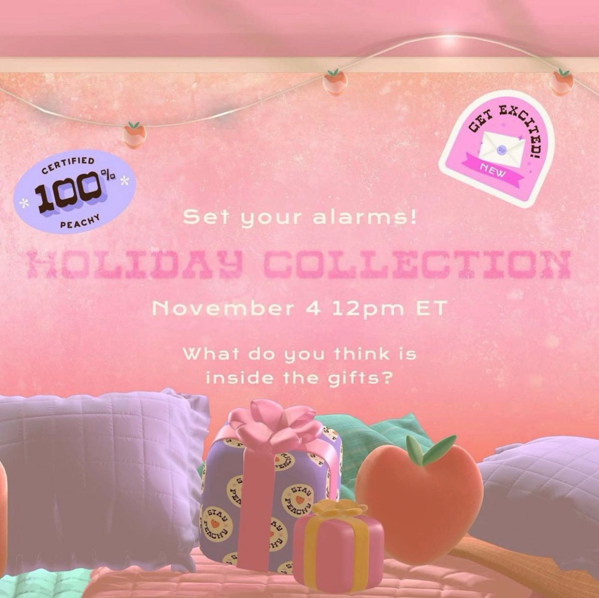 StayPeachyShop's tweet photo. The New Stay Peachy Holiday collection launches THURSDAY / November 4th 2021✨🤩 
Head over to https://t.co/NBOgXuuyGY to sign up and be the FIRST to see the new collection! #staypeachy 🍑 https://t.co/7Q9Sxx8Vfq