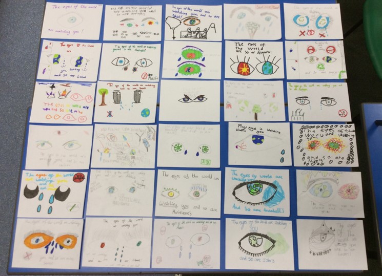JuneStevenson's tweet photo. With #COP26 underway, the children of Park Street Primary School in Cambridge want Boris Johnson to know they are watching out for powerful leadership and good outcomes #EyesOfTheWorld https://t.co/sZUAUYhDMa