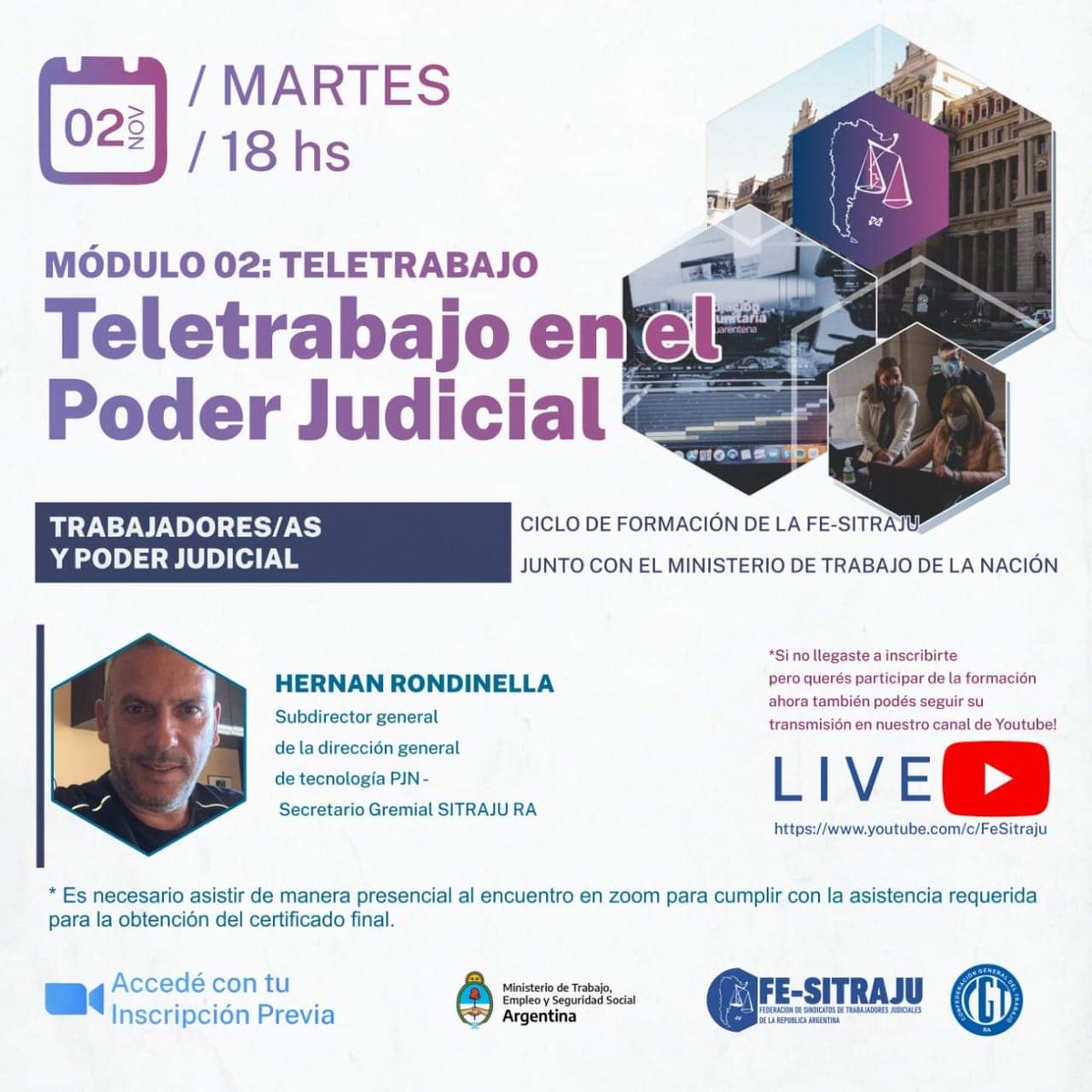 CICLO DE FORMACIÓN DE LA <a href="/FeSitraju/">FESITRAJU</a> 

Se viene un nuevo encuentro!!! 

📣 Este martes 02 de noviembre a las 18hs. terminamos con el 2do Módulo del Curso de Formación Sindical sobre “#Teletrabajo” de la Fe-<a href="/SitrajuRA/">SitrajuRA</a>  y del @MinTrabajoAR.

⚖  En esta oportunidad la charla estará