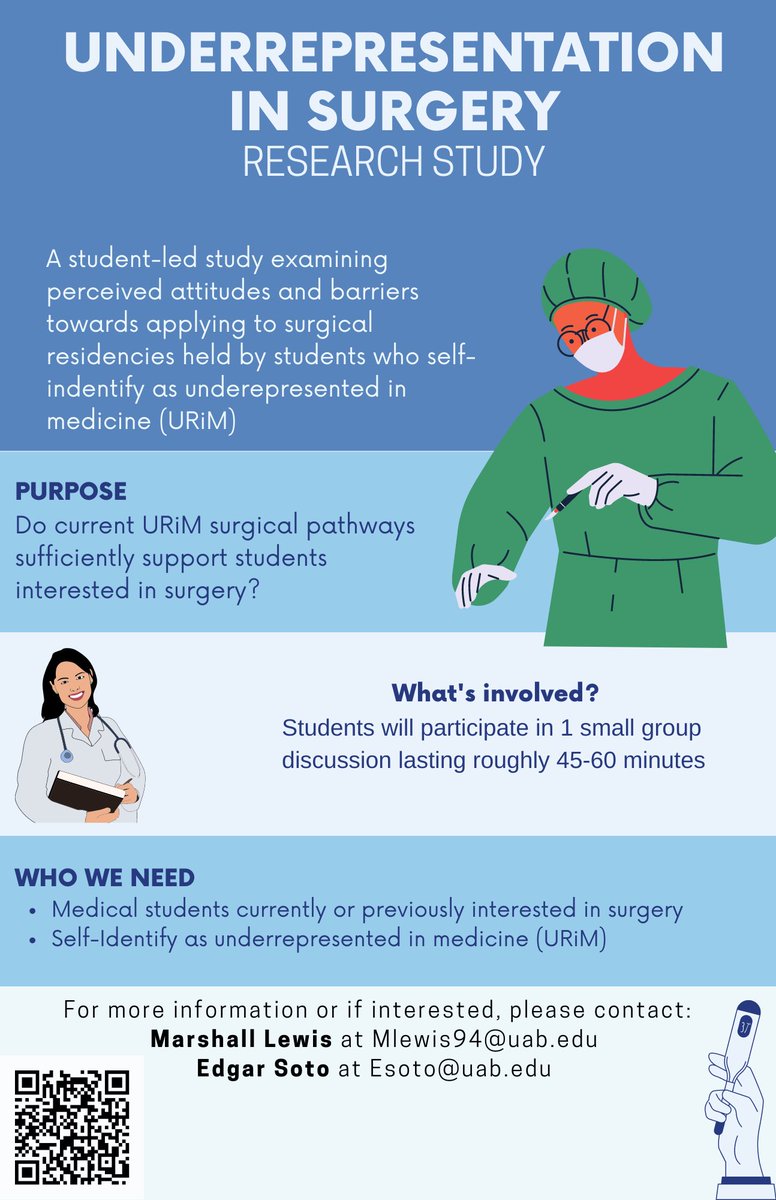 Current med students from the Southeast US who identify as URiM and are interested in surgery or surg specialties: we are interested in your perceived barriers & facilitators to pursuing a surgical career. Sign up for the pilot study, info: bit.ly/3G1a2dm