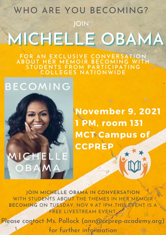 ccprepacademy's tweet photo. 💫LIVESTREAM EVENT WITH MICHELLE OBAMA - NEXT WEEK! CCPrep students, join us Nov. 9 at 1 p.m. for a livestream with Former First Lady Michelle Obama as she discusses her memoir "Becoming"!
#CCPrepFamily #MichelleObama #FLOTUS #BarackObama #POTUS #Becoming #memoir #livestream https://t.co/dSFUSJGRnc
