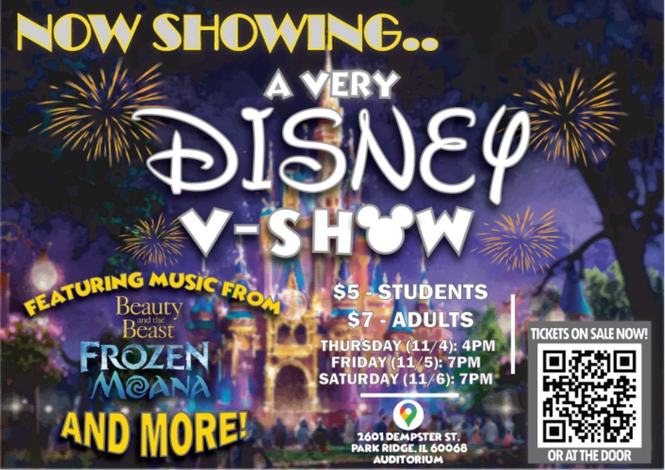 Maine East V-Show 11/4-11/6. Buy tickets using the QR code in the flyer, at the door, or showtix4u.com/event-details/…