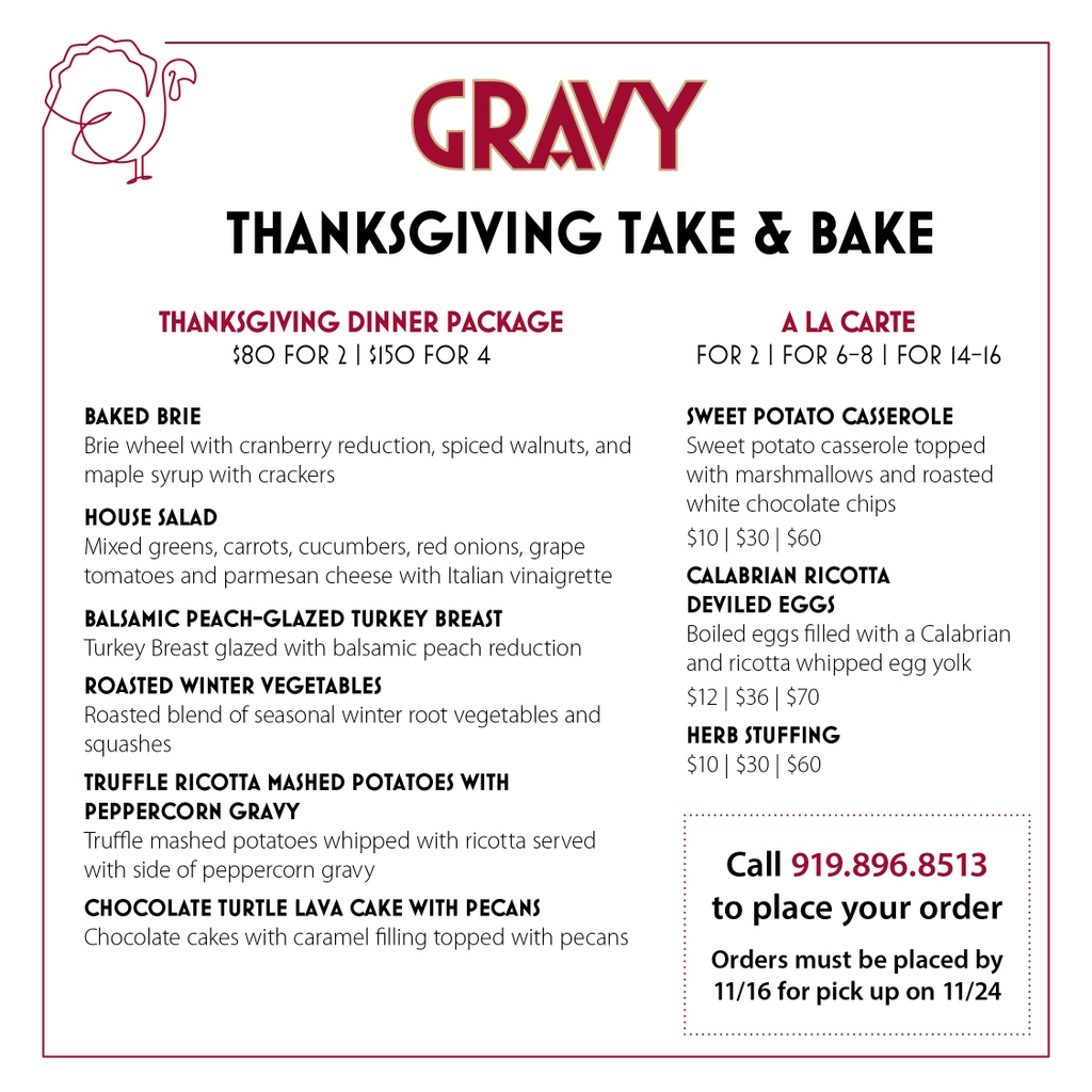 GravyRaleigh's tweet photo. Order our Thanksgiving Take & Bake package by November 16th, and our chefs will take the stress of cooking off your plate. โ
โ
#thanksgivingdinner #letuscookforyou #thanksgivingfood #raleighthanksgiving https://t.co/MkyqSHbXHN