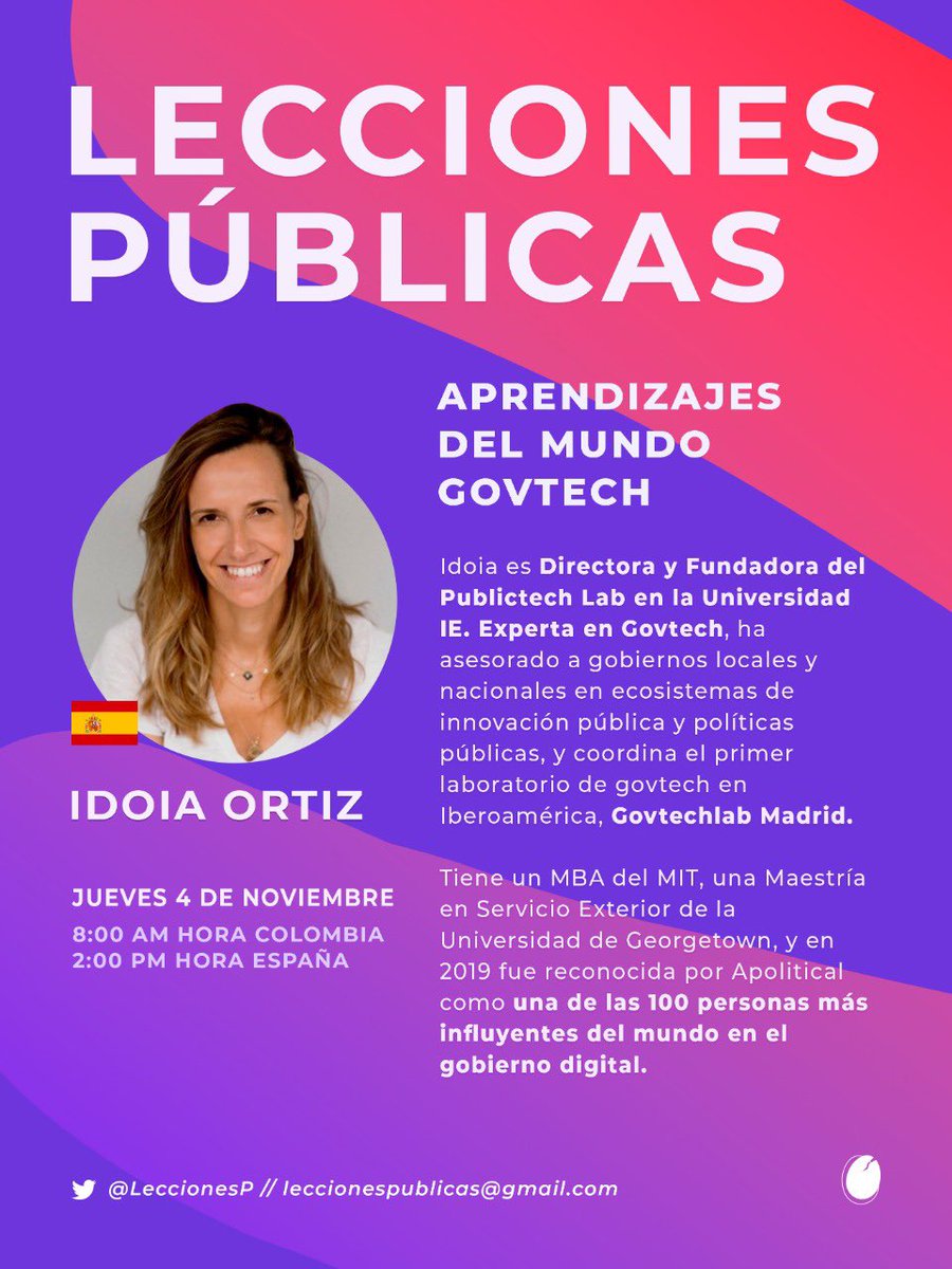 💥🥚Vuelve #LeccionesPublicas desde 🇪🇸 

🍳Estaremos con Idoia Ortiz 🦹🏼‍♀️ Directora y Fundadora del PublictechLab 

🤖Nos contará sus aprendizajes en el mundo #Govtech👾

⏰jueves 4 de noviembre 8am (Col) 2pm(Esp)

📺youtube.com/watch?v=EZlyTY…